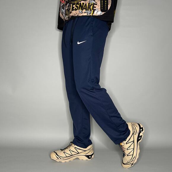 Nike Sweatpants Navy Blue Polyester Joggers White Swoosh Dri Fit